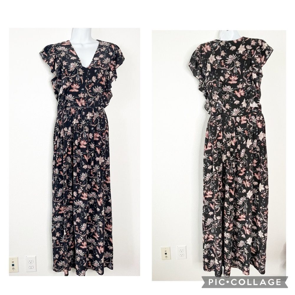 Adriana Degreas 100% Silk Floral Maxi Dress Size Medium Flutter Sleeves Sundress